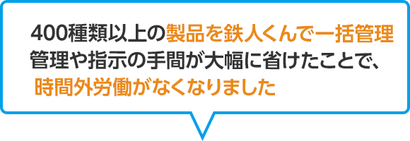 400種類以上の製品の管理を鉄人くんで一括管理管理や指示の手間が大幅に省けたことで、時間外労働がなくなりました